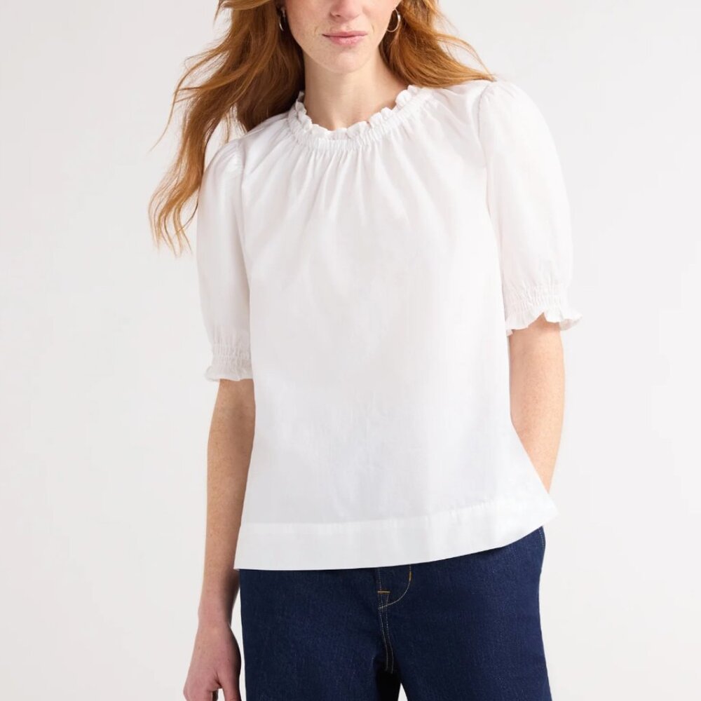 Free Assembly Women's Cotton Ruffle Top with Puff Sleeves, White, Sizes XS